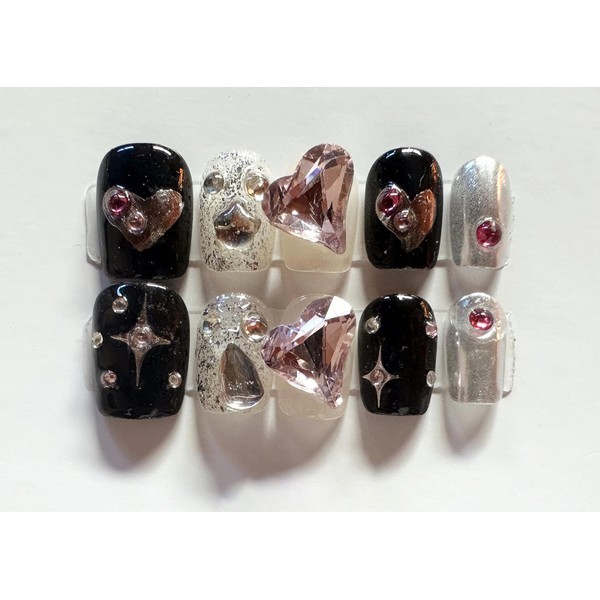 M·Q NAIL,Press on nails,Heart shaped pink glass diamond square short