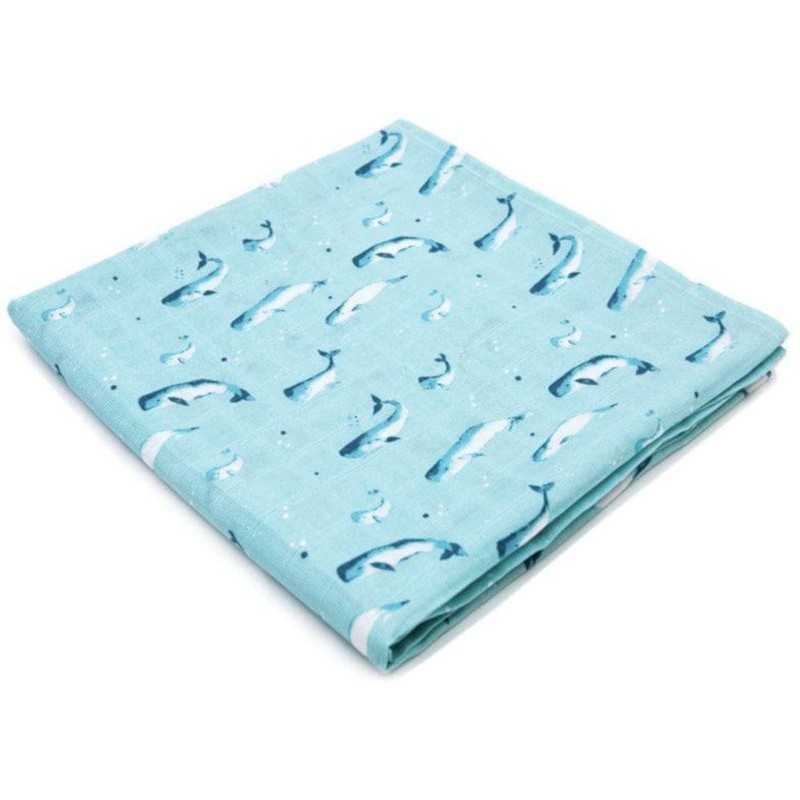 Organic Cotton Muslin Swaddle - Watercolour Whales Aquatic Blue