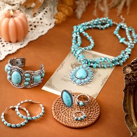 Ecally Bohemian Western Jewelry Turquoise Set Women Bohemian Pendant Long Choker Layered Bracelets Earrings Ring for Women(Rustic,Turquoise)
