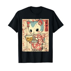 Vintage Kimono Cat Drinking Bubble Tea T-Shirt