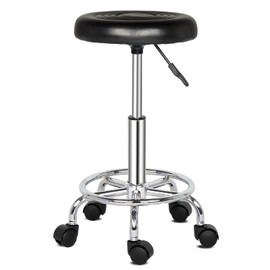 Pinikuyiro PU Leather Modern Round Rolling Stool with Footrest Height Adjustable Spa Drafting Salon Tattoo Work Massage Stools Task Chair (Black)