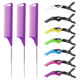 Rat Tail Comb Hair Clips Set: 3Pcs Rat Tail Combs, Hair Styling Combs for Women and 7 Professional Sectioning Hair Clips (Purple)