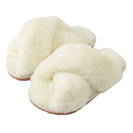 Fadezar Girls Fluffy Slippers for Kids Cute Fuzzy Slippers Open Toe Warm Fur Slides Cross Band Plush Slip on House Indoor Slippers White Narrow US 2-3 Big Kid EU 34-35