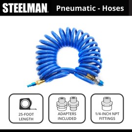 Steelman 25-Foot 3/8-Inch ID Coiled Air Hose with Reusable 1/4-Inch NPT Brass Fittings, Quick Connect Universal AMT Style Coupler and T-Style Automotive Plug, Kink Resistant Polyurethane Tubing