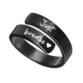 Just Breathe Lotus Ring for Women Adjustable Stainless Steel Inspirational Hope Rings Best Friends Birthday Jewelry Gift (Black heart)