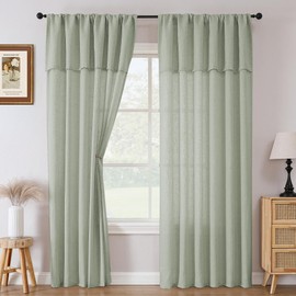 H.VERSAILTEX Linen Curtains with Valance 108 Inch Length for Living Room Boho Window Curtain, Drapes 2 Panels Set for Farmhouse Treatments Rod Pocket/Ring Top for Bedroom 52 x 108 Inch, Green Bay