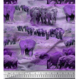 Soimoi Poly Georgette Fabric tree & elephant Animal Print Fabric by metre 52 Inch Wide