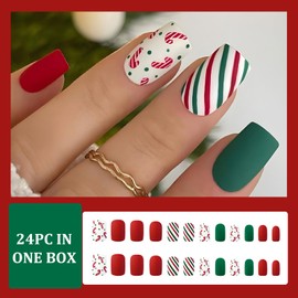 Christmas Fake Nails, 24pcs Christmas Stick On Nails, Square False Nails Stick On Nails With Red And Green Striped Candy Design, Acrylic Press On Nails Glue On Nails For Women