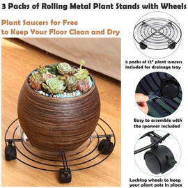 3 Packs Large Metal Plant Caddy 13.8” Plant Dolly with Wheels Heavy Duty Wrought Iron Rolling Plant Stand with Casters for Indoor and Outdoor Plant Pot Rollers Black, Plastic Saucers Included