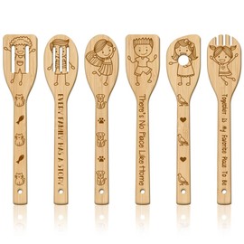 GLOBLELAND Set of 6 Family Sweet Simple Strokes Bamboo Cooking Utensils Wooden Cooking Spoon Set with Engraving Character Carving Bamboo Spatula Set Wooden Cooking Spoon for Kitchen Housewarking