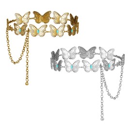 AEIFULU 2 Piezas Cinturon Vaquero Mujer Dama,Cinturon Mariposa Turquesa Metal para Mujer,Tamaño Ajustable,Alta Gama Y Moda,Estilos Retro Y étnicos,Para Jeans, Pantalones,Falda(110cm，Oro + Plata)