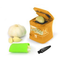 Kitchen Innovations Garlic-A-Peel Garlic Press, Crusher, Cutter, Mincer, and Storage Container - Includes Silicone Garlic Peeler - Easy to Clean - Stainless Steel Blades – (Honey), standard