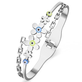 TIZURO Stainless Steel 18K Gold Silver Plated Crystal Colorful Flower Evil Eyes Bracelets Hollow Out Cuff Bangle Hawaiian Jewellry For Women Charms Gifts (Silver Plated)