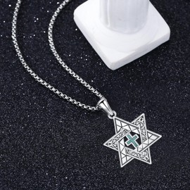 PCTJYFU Star of David Cross Necklace 925 Sterling Silver Turquoise Jewish Star Pendant Jewish Jewelry for Women Men