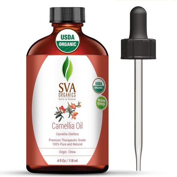 SVA Organics Camellia Oil Organic USDA 4 Ounce Pure Natural Cold Pressed Carrier Oil for Skin Care, Hair, Face Cleanser, Shampoo