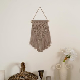 Small Macrame Wall Hanging Decor Boho Tapestry for Bedroom Living Room Dorm Nursery and Office, Cute Aesthetic Wall Art for Small Spaces for Teen Girls and Home Decor (Beige Brown, 16*10 Inch)