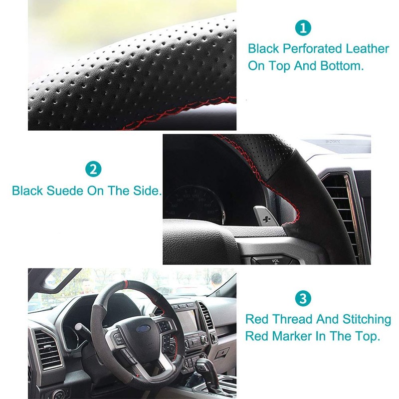 Black Perforated Leather & Suede Red Thread Auto DIY Steering
