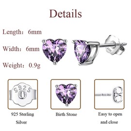 Zolkamery Earrings Silver 925 Stud Earrings, 925 Sterling Silver Birthstone Stud Earrings for Women Girls, Heart Stud Earrings with Zirconia, 6 mm Small Sleeping Cartilage Stud Earrings with Gift Box,