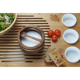 Dan&Co 10 oz Acacia Wood Salt Cellar Pot with Built in Spoon and Marble Lid, Pepper, Salt Container for Kitchen, Sealed Seasoning Storage Bowl Box for Spices, Herbs with Rubber Feet