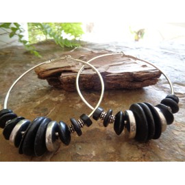 ๑ஐ• SCHWARZE RIESEN CREOLEN KOKOS & HOLZ •ஐ๑ auffällige Tribal Ohrringe