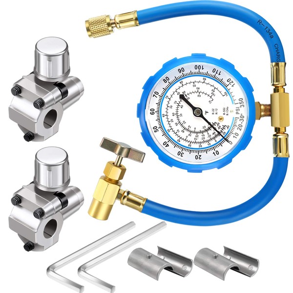 2 Pack BPV31 Piercing Tap Valve Kits Compatible with 1/4, 5/16, 3/8 Inch Outer Diameter Pipes and R134A Air Conditioning Refrigerant Charging Hose with Gauge, Connect to R12/ R22 Port Only
