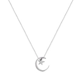 QIN Moon Star 925 Sterling Silver Necklace Fashion Iridescent Clavicle Chain Women Jewelry Wedding Party Birthday Gift, Sterling Silver