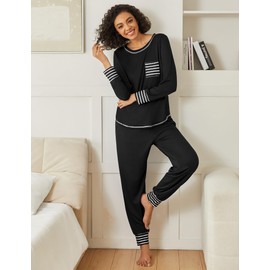 Ekouaer 2 Pack Womens Pajama Sets Long Sleeve Lounge Sets Soft Pj Sleepwear Loungewear Black & Blue X-Large