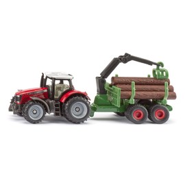 Siku 1134 Trattore Massey Ferguson con rimorchio forestale, gru di carico mobile con funzione di presa, 6 tronchi, in metallo e plastica, giocattolo forestale
