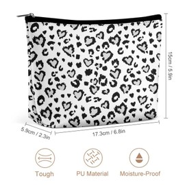 Women PU Leather Cosmetic Bag, Toiletry Storage 6.8x5.9x2.3 in Zipper Pouch Handbag Makeup Case Purse Holder Organizer Print Leopard Jaguar Skin with Grey Hearts Black Spots Animal Print