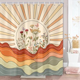 MDUKOIN Boho Sun Shower Curtain, 72X72in Retro Wildflower Floral Daisy Butterfly Vintage Groovy Minimalist Aesthetic Hippie Bath Curtains, Fabric Waterproof Bathroom Curtain with 12 Plastic Hooks
