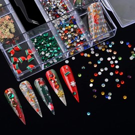MEILINDS Christmas Nail Art Rhinestones Christmas Nail Art Charms Nail Foil Sequins 3D Reindeer Socks Bell Christmas Tree for Nails Art Gems Metal Alloy DIY Craft Decoration with Wax Pen & Tweezer