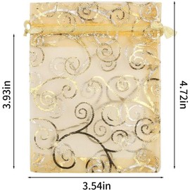 KIMOBER 100pcs Organza Gift Bags,Golden Rattan Printed Gift Wrap Bags with Drawstring Small Mesh Bags for Wedding Jewelry Baby Shower Party Favour Supply,3.5 X 4.7 Inch,Golden Rattan