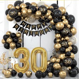 30th Birthday Party Decorations, 30th Birthday Party Balloons with 40in 30 Balloons Black and Gold Balloons Arch Happy Birthday Banner for Men Women 30th Birthday Party
