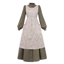 Nuoqi Pioneer Dress Women Prairie Colonial Dress Long Sleeve 1800s Prairie Costumes with Apron Dark Green, XXL