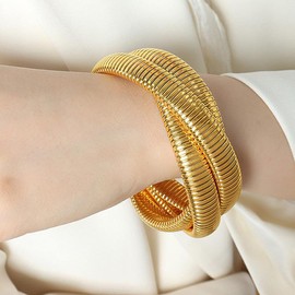 Rrdaily Gold Plated Stackable Stretch Bracelets for Women,Simple Stripe Punk Statement Layered Bracelet Set,Vintage Anniversary Party Jewelry Gifts (Gold)