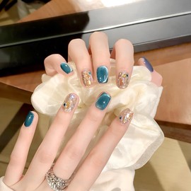 ALLEVG Nail Tips, Blue, 30 Pieces, Magnetic Type, Short, 3D, Spring/Summer, Popular, Japanese Style, Cute, Simple, Cat Eye Stone, Stylish, Coming of Age Ceremony, School Entrance Ceremony, Graduation