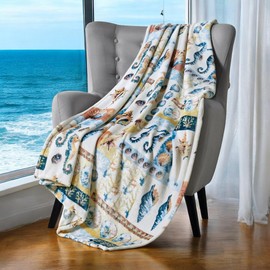 Ocean Life Coastal Throw Blanket: Soft Plush Velvet Fleece Calming Hues of Blues Greens Beige White Sealife, Seahorses Sand Dollar Accent with Shells and Coral, Oversized 50" x 70" (by The Coast)
