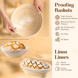 Bread Proofing Baskets Set of 2, 9 Inch Round & 10 Inch Oval Rattan Leavening Basket Supplies with Sourdough Making Tools, Baking Supplies for Sourdough Rising