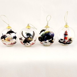Ocean World Pearlized Glass Ornaments, Set of 4 – 60mm Marine Life Collection with Dolphins, Turtles, Manatee & Lighthouse – Iridescent Coastal Décor