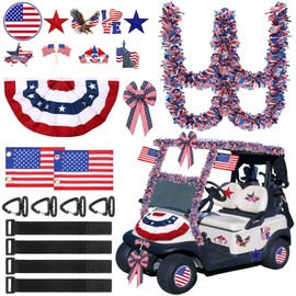 FineCheer 18 Pcs 4th of July Parade Golf Cart Decorations Independence Day Parade Bunting Flag Golf Cart Flags with Elastic Strap Bracket Tinsel Garland Golf Cart Stickers for Memorial Day Party Decor