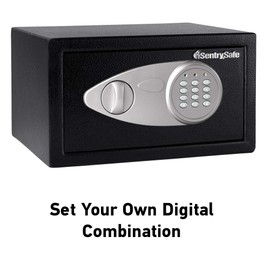 SentrySafe Medium Safe with Digital Keypad, Lock Box with Code has Interior Lining and Bolt Down Kit that Secures Pistol, Money, 0.41 Cubic Feet, 7.6 x 11.4 x 10.4 Inches, X041E