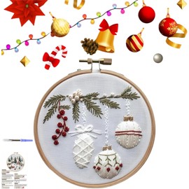 Christmas Embroidery Kit,Beginner Embroidery Kit,DIY Embroidery Kit,Christmas Cross Stitch Kits for Beginners Adults,DIY Needlepoint Kit Set Includes Hoop Cloth Needles Threads (Holly Bauble)