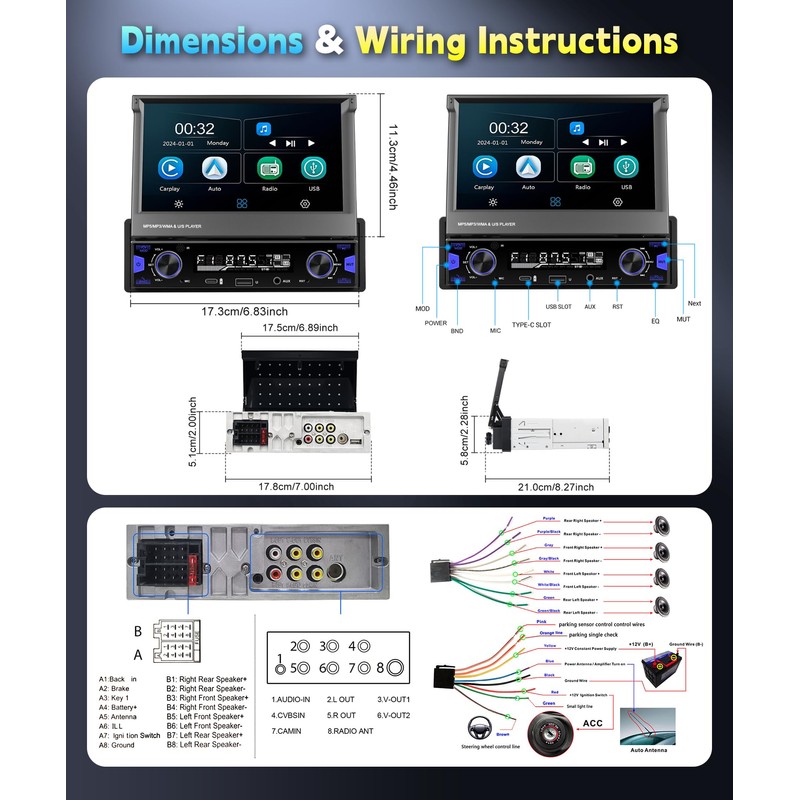 7 Inch Single DIN Flip Out Car Stereo with Wireless