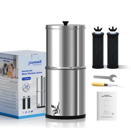 Purewell 1.5G Stainless Steel Countertop Gravity-Fed Water Filter System, NSF/ANSI 42&372 Certification, Reduces up to 99% of Chlorine,2 Black Purification Elements, for Home, RVing, Camping, Outdoor