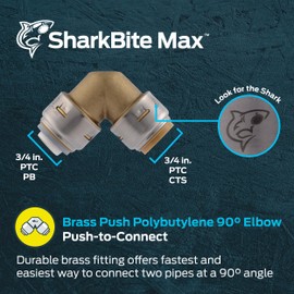 SharkBite Max 3/4 Inch x 3/4 Inch Polybutylene Transition 90 Degree Elbow, Push to Connect Brass Plumbing Fitting, PEX Pipe, Copper, CPVC, PE-RT, HDPE, UR4256A