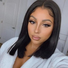 Straight Short Bob Wig Human Hair Wear and Go Glueless Wig Human Hair Pre Plucked Pre Cut 4×4 HD Lace Closure Wigs Human Hair for Black Women Short No Gel Lace Wig Human Hair 14 Inch