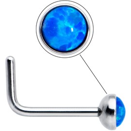 Body Candy Stainless Steel Blue 2mm Synthetic Opal L-Shaped Nose Stud Ring 20 Gauge 1/4"