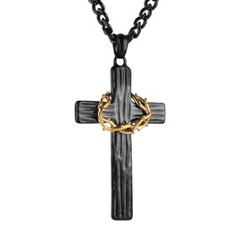 HZMAN Cross Necklace for Men Stainless Steel Retro Jesus Crown of Thorns Cross Pendant Necklace Christian Jewelry Gift (Black)