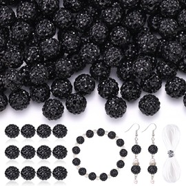 100 Pcs Black Rhinestone Beads for Jewelry Making, Sparkle Crystal Clay Christmas Beads for Bracelet Necklace Earring Crafting and DIY Decoration, Shiny Round Shamballa Disco Ball Beads Bulk