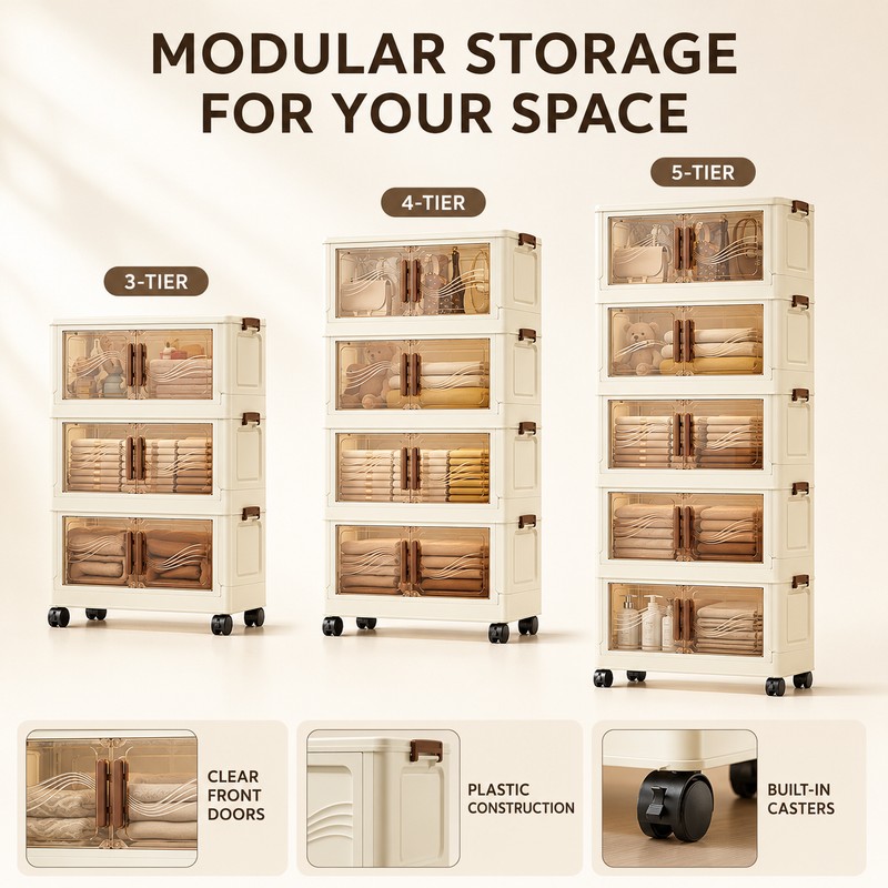 Beige Plastic Stackable Storage Box with Lid and Wheels for